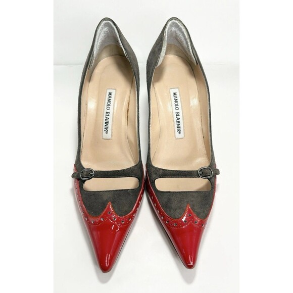 Manolo Blahnik Mary Jane Heels Gray Suede w/ Red Patent Toe Buckle Y2K Sz 39 9 - Picture 1 of 13